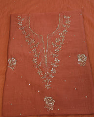 Premium Mulchanderi 3 PC Unstitched Tunic, Dupatta & Bottom in Kamdani work-Rust Orange