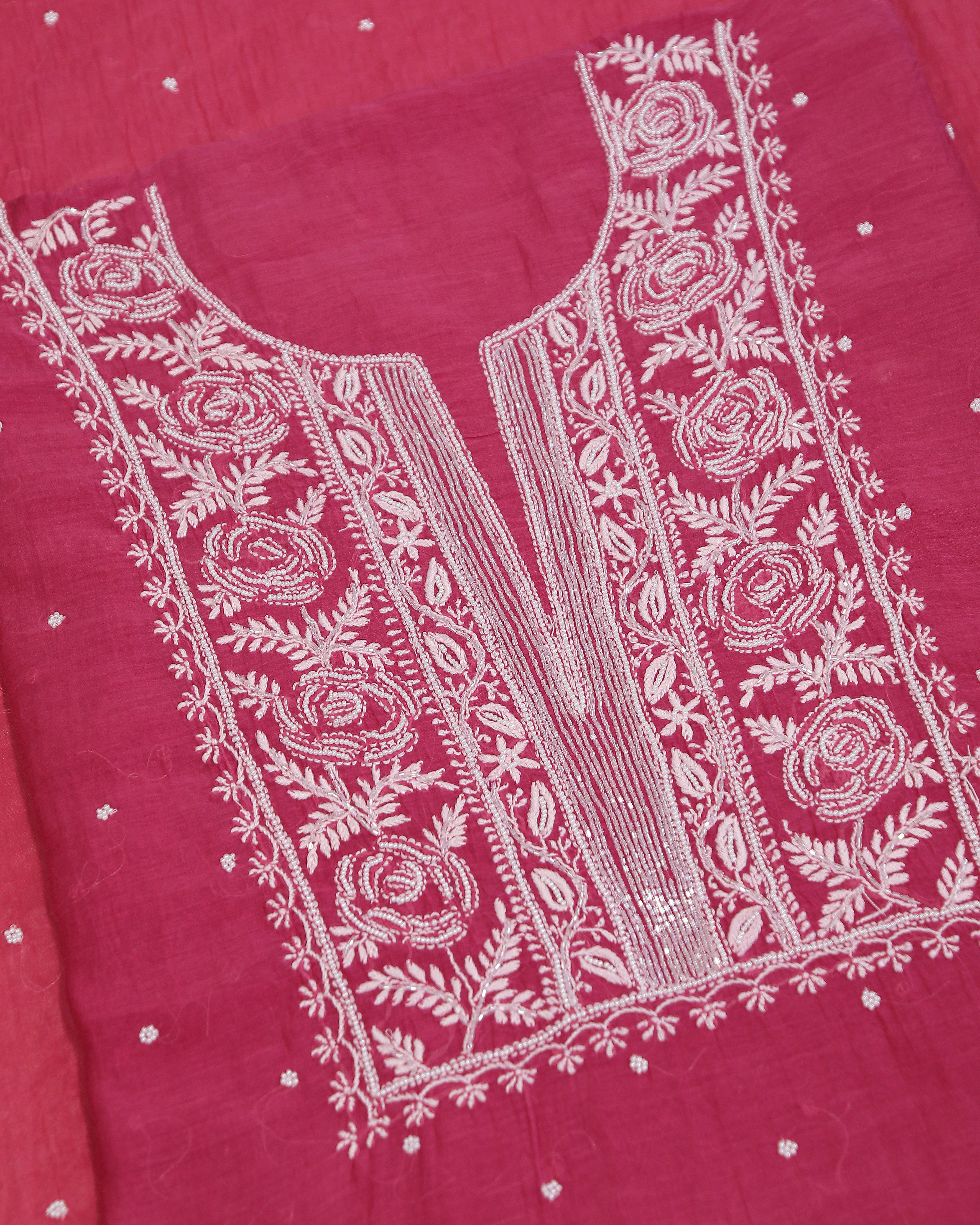 Premium Mulchanderi 3 PC Unstitched Kurta with Dupatta and Bottom Set in Pearl,Katdana Jaal work- Fuchisa Gharana