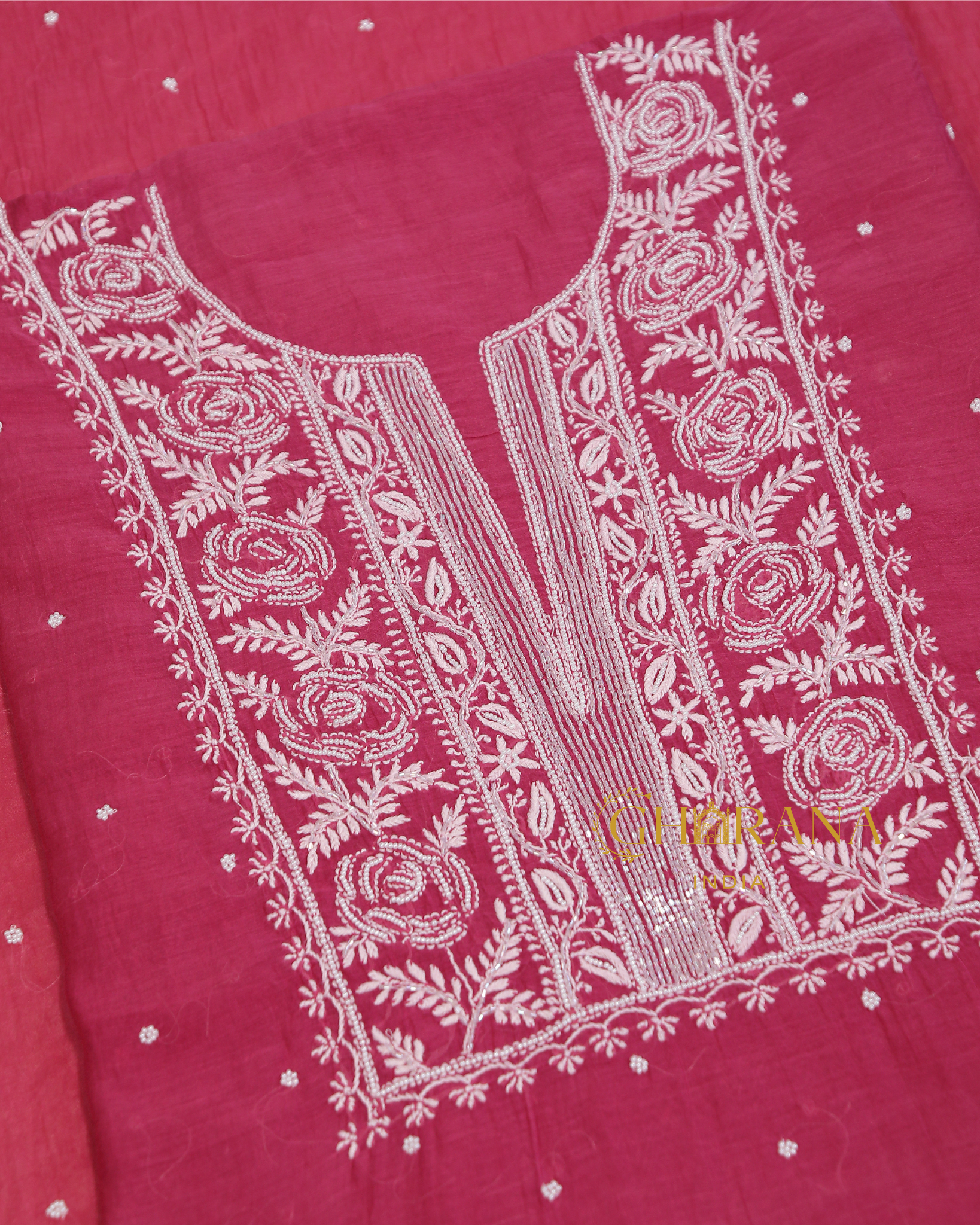 Premium Mulchanderi 3 PC Unstitched Kurta with Dupatta and Bottom Set in Pearl,Katdana Jaal work- Fuchsia Gharana