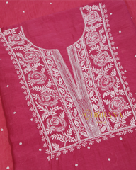 Premium Mulchanderi 3 PC Unstitched Kurta with Dupatta and Bottom Set in Pearl,Katdana Jaal work- Fuchsia Gharana
