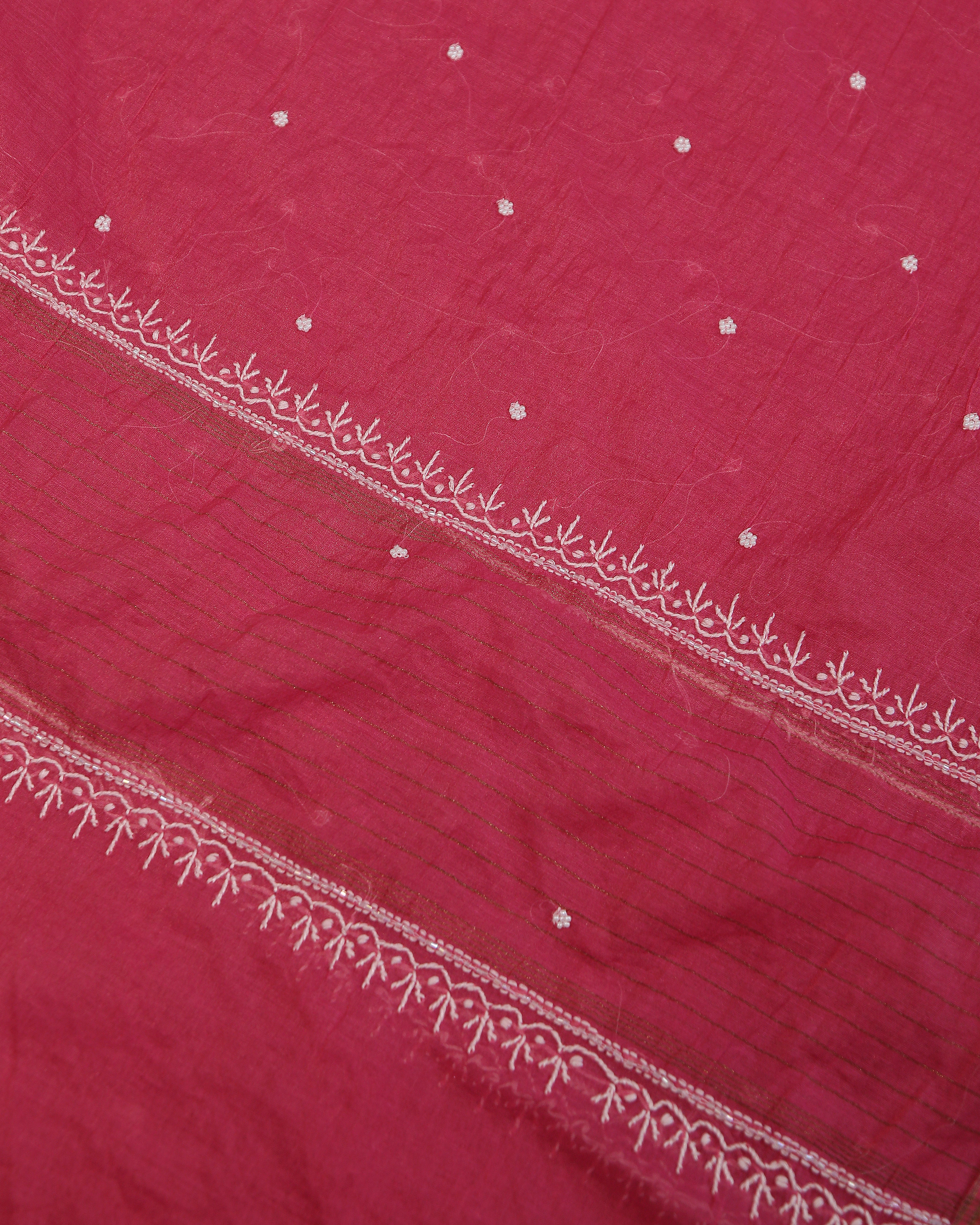 Premium Mulchanderi 3 PC Unstitched Kurta with Dupatta and Bottom Set in Pearl,Katdana Jaal work- Fuchisa Gharana
