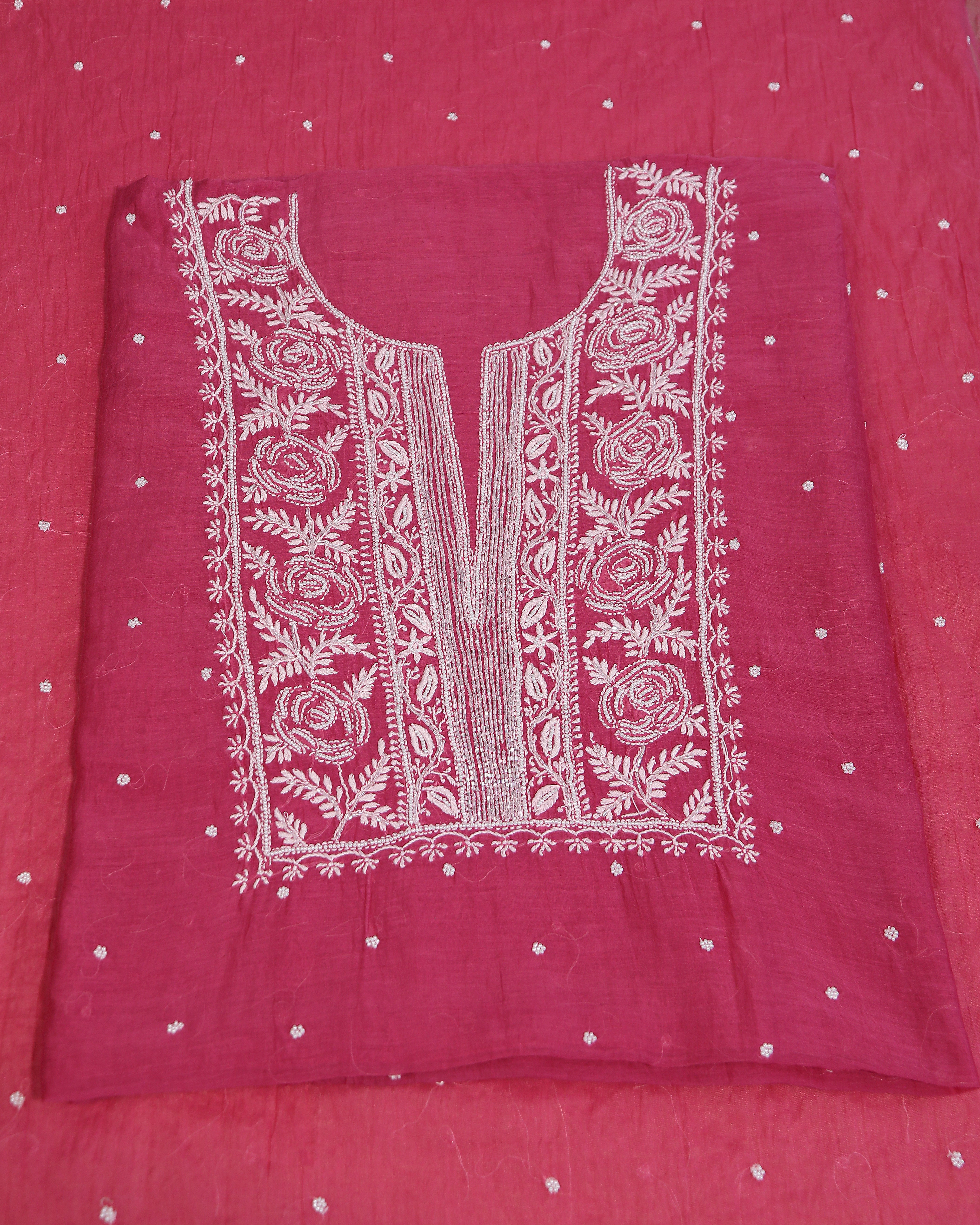 Premium Mulchanderi 3 PC Unstitched Kurta with Dupatta and Bottom Set in Pearl,Katdana Jaal work- Fuchisa Gharana