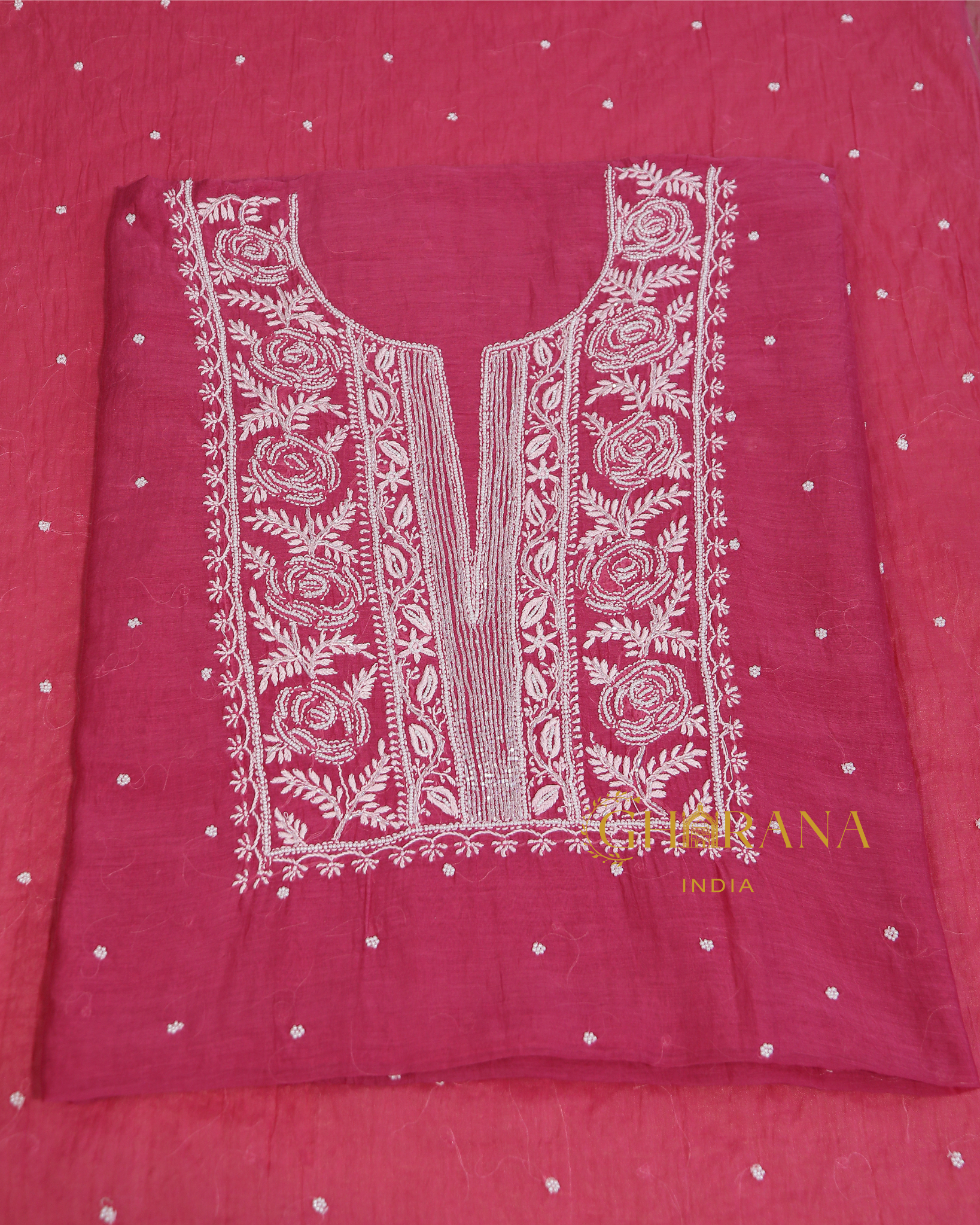 Premium Mulchanderi 3 PC Unstitched Kurta with Dupatta and Bottom Set in Pearl,Katdana Jaal work- Fuchsia Gharana