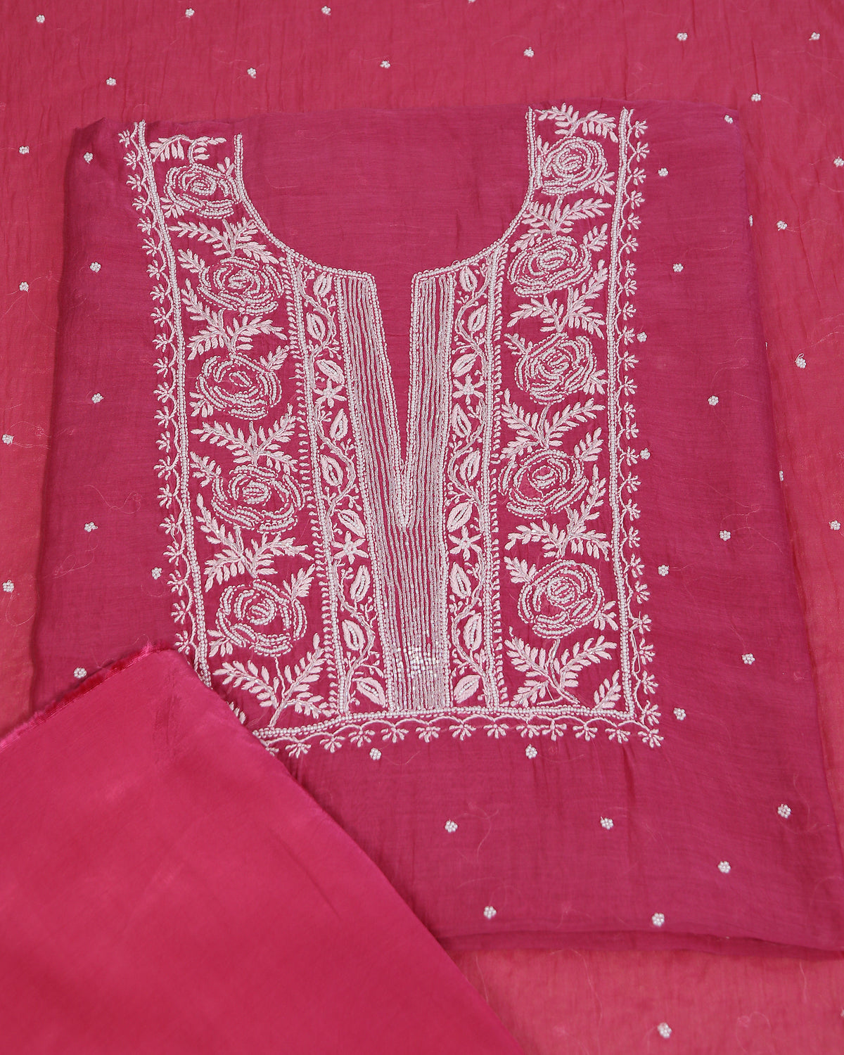 Premium Mulchanderi 3 PC Unstitched Kurta with Dupatta and Bottom Set in Pearl,Katdana Jaal work- Fuchisa Gharana