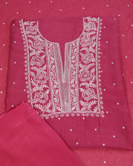 Premium Mulchanderi 3 PC Unstitched Kurta with Dupatta and Bottom Set in Pearl,Katdana Jaal work- Fuchisa Gharana