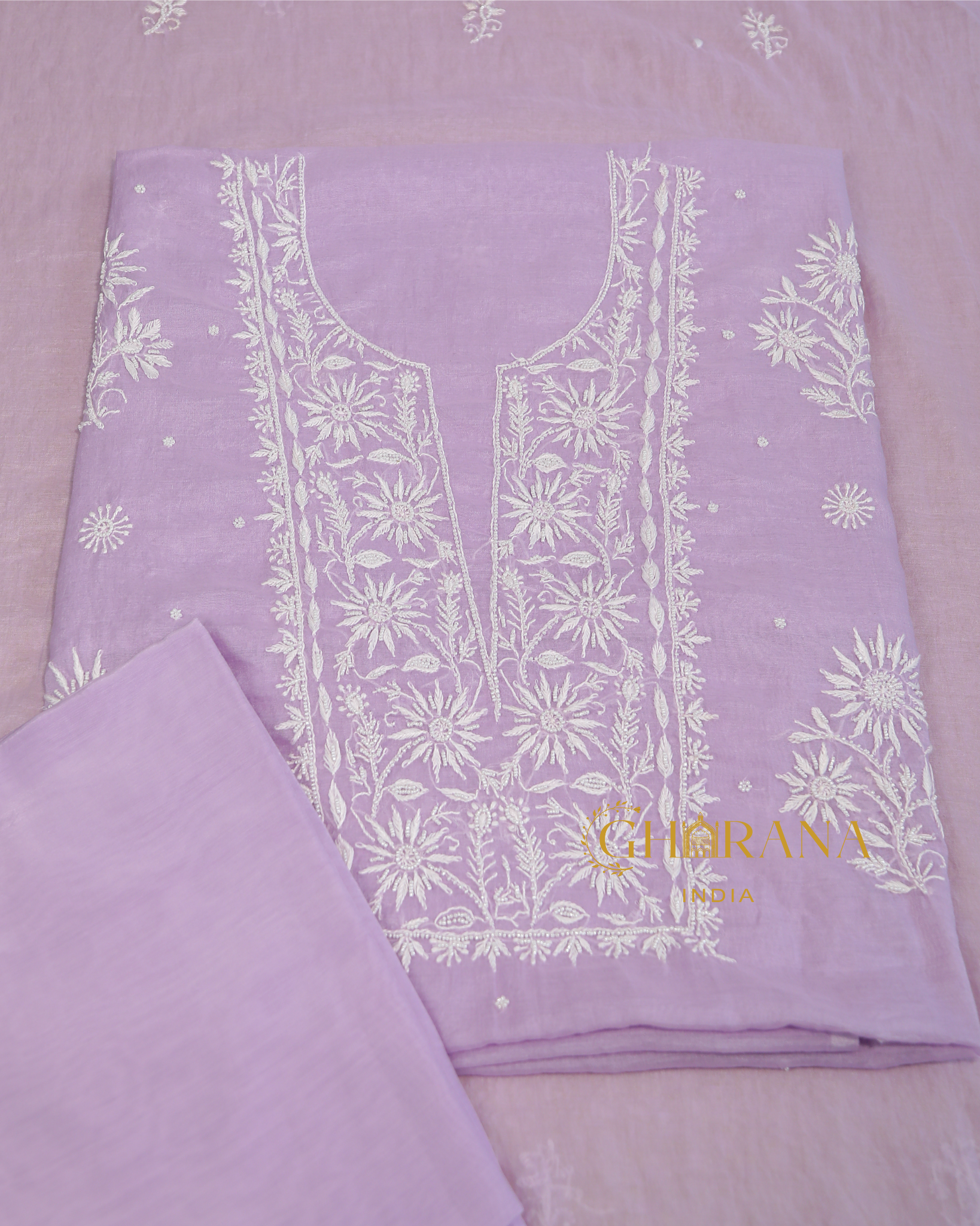 Buy Pure Mulchanderi 3 PC Unstitched Suit - Light Lavender - Gharana India