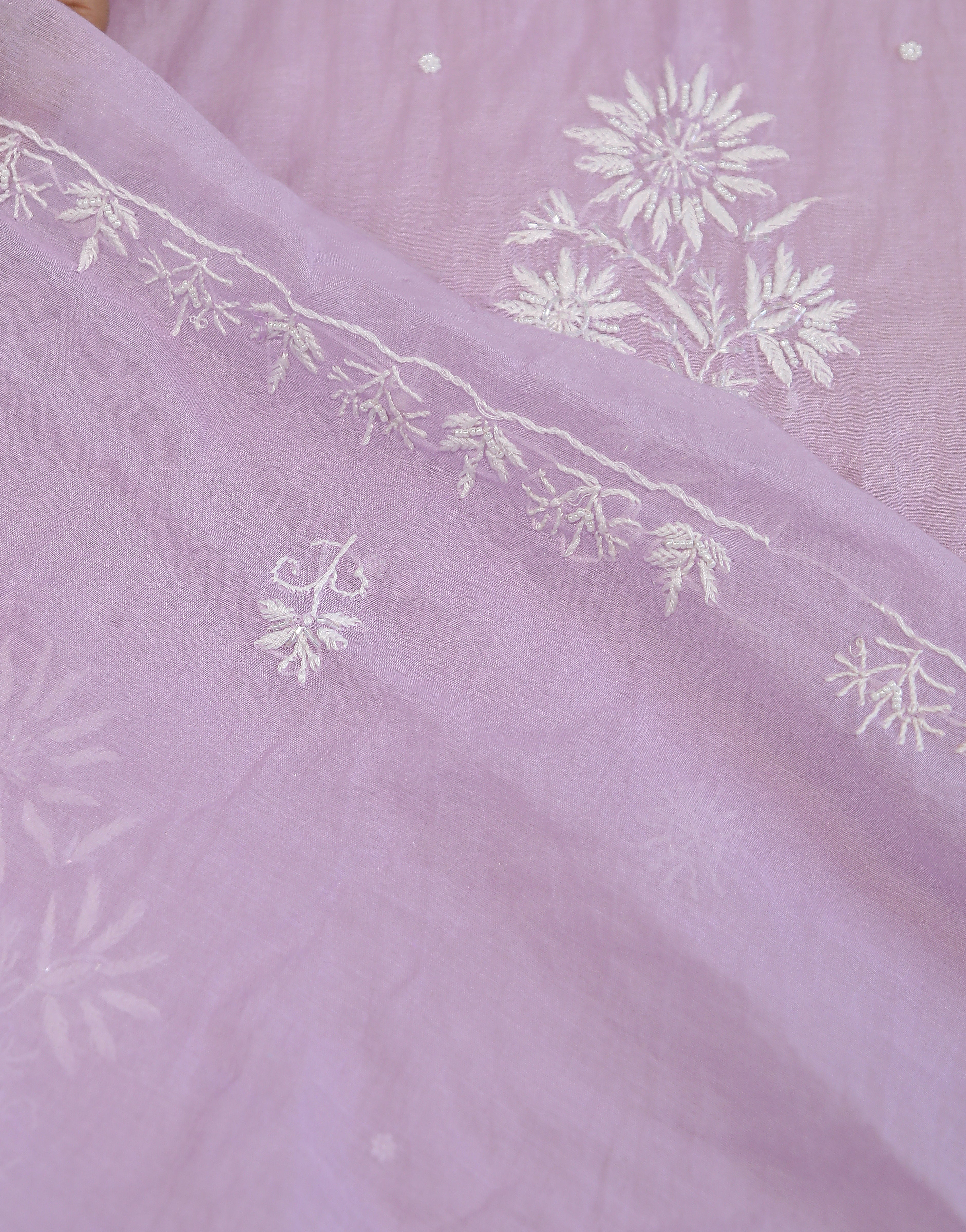 Premium Mulchanderi 3 PC Unstitched Kurta with Dupatta and Bottom Set in Pearl, Jaal work- Lavender Gharana