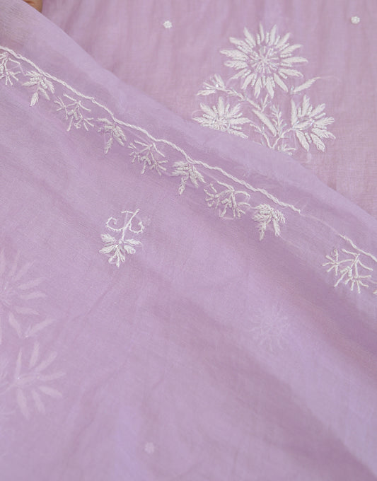 Premium Mulchanderi 3 PC Unstitched Kurta with Dupatta and Bottom Set in Pearl, Jaal work- Lavender Gharana
