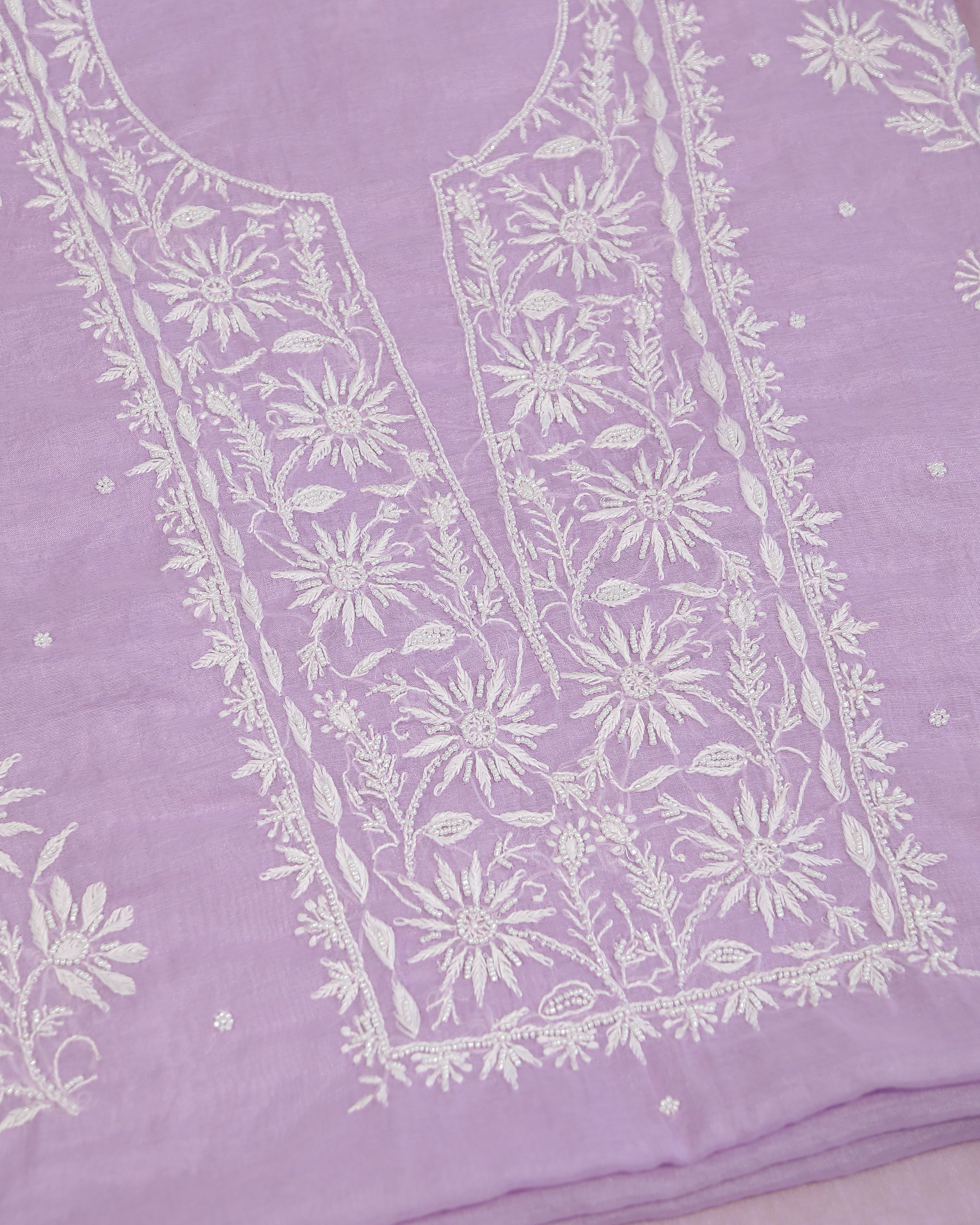 Premium Mulchanderi 3 PC Unstitched Kurta with Dupatta and Bottom Set in Pearl, Jaal work- Lavender Gharana