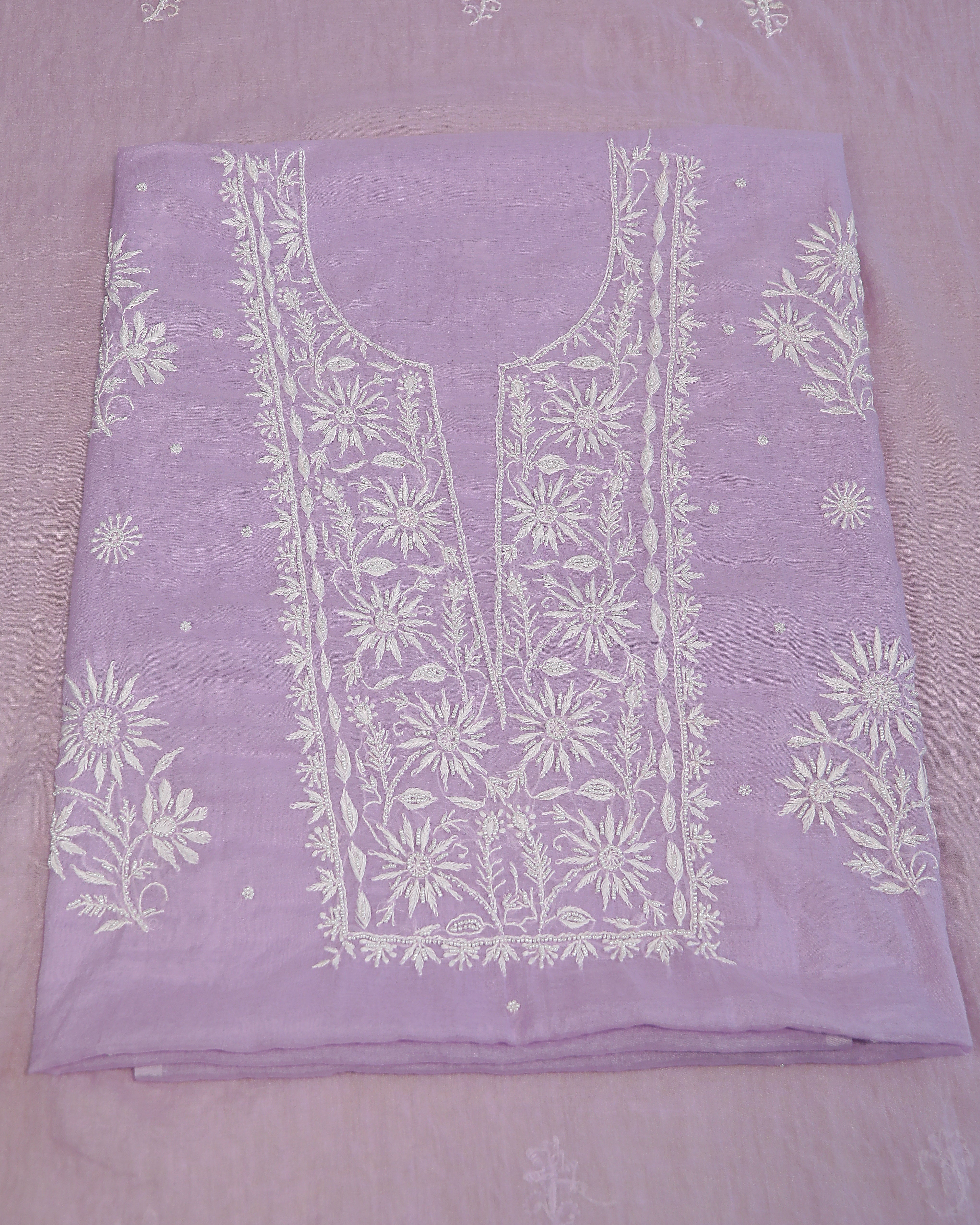 Premium Mulchanderi 3 PC Unstitched Kurta with Dupatta and Bottom Set in Pearl, Jaal work- Lavender Gharana