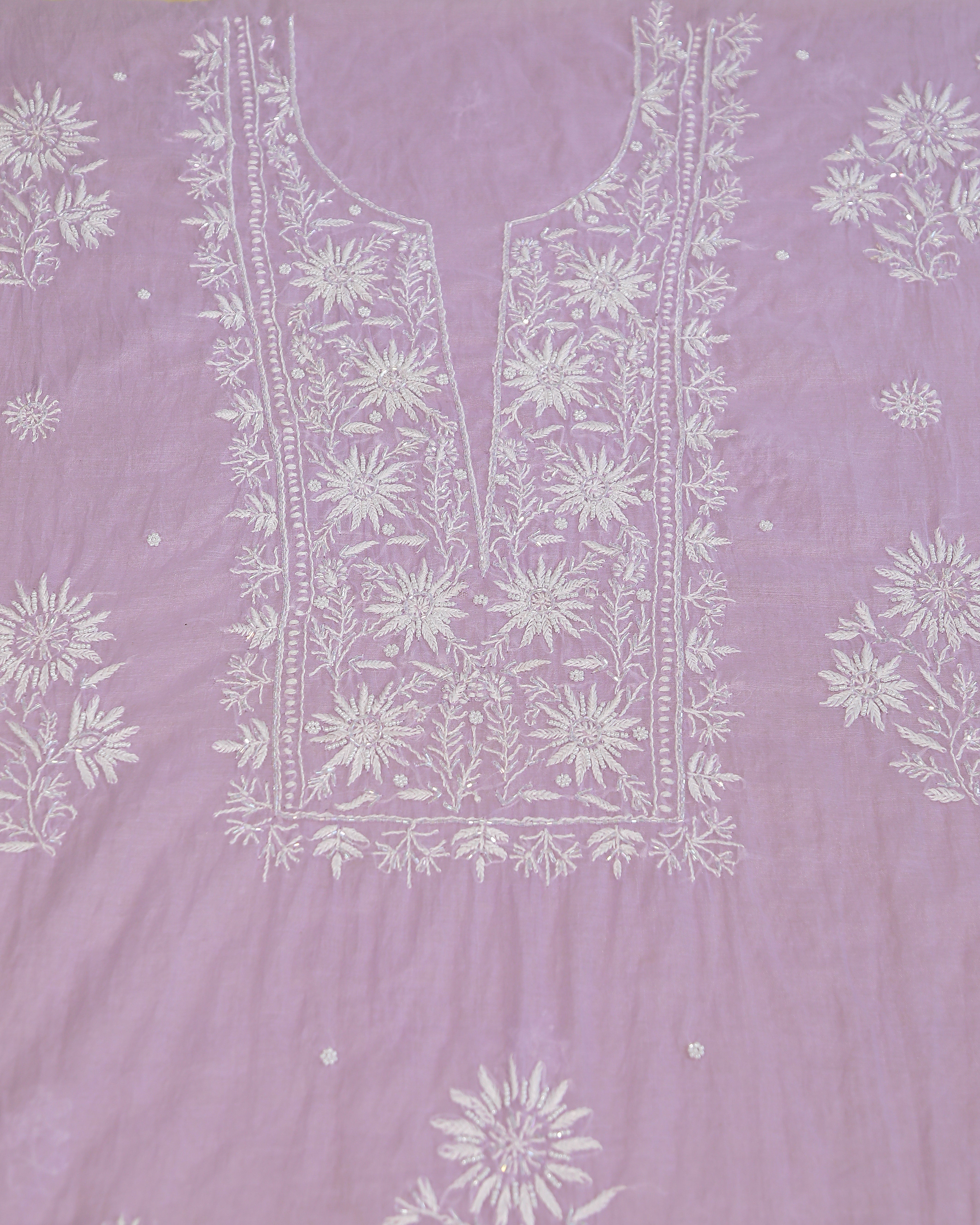 Premium Mulchanderi 3 PC Unstitched Kurta with Dupatta and Bottom Set in Pearl, Jaal work- Lavender Gharana
