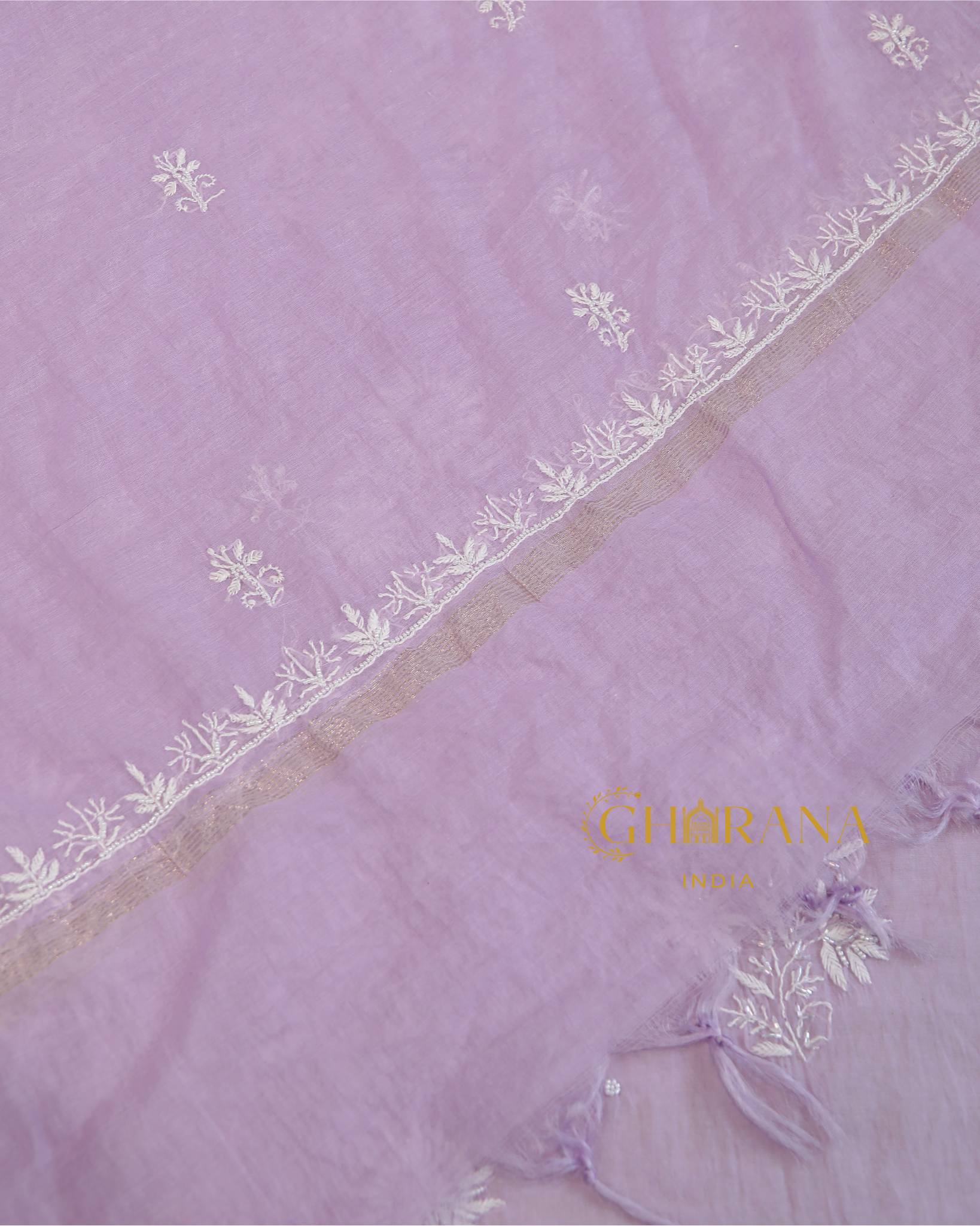 Gharana India's Pure Mulchanderi 3 PC Unstitched Suit Fabric - Light Lavender