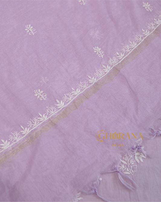 Premium Mulchanderi 3 PC Unstitched Kurta with Dupatta and Bottom Set in Pearl, Jaal work- Lavender Gharana