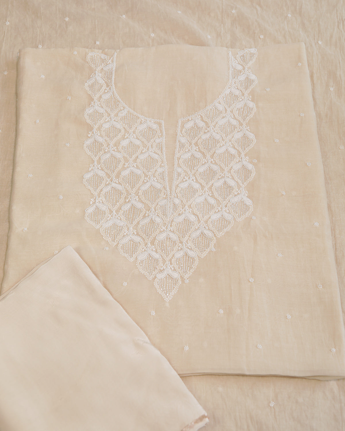 Premium Mulchanderi 3 PC Unstitched Kurta with Dupatta and Bottom Set in Pearl,Katdana Jaal work- Ivory
