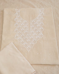 Premium Mulchanderi 3 PC Unstitched Kurta with Dupatta and Bottom Set in Pearl,Katdana Jaal work- Ivory