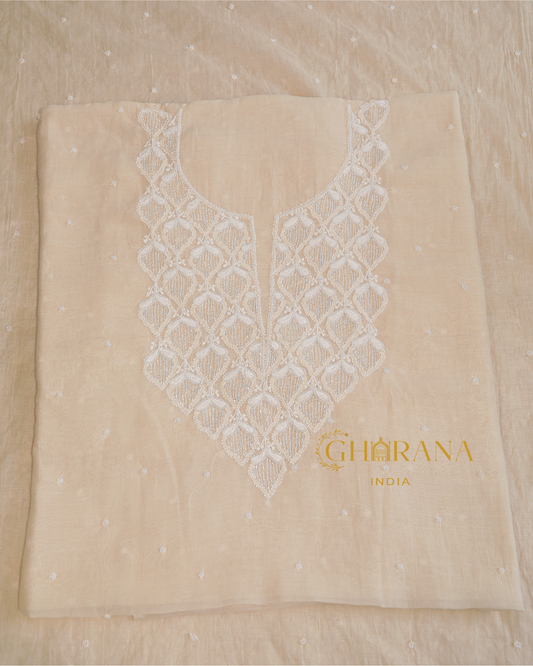 Premium Mulchanderi 3 PC Unstitched Kurta with Dupatta and Bottom Set in Pearl,Katdana Jaal work- Ivory Gharana
