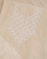 Premium Mulchanderi 3 PC Unstitched Kurta with Dupatta and Bottom Set in Pearl,Katdana Jaal work- Ivory