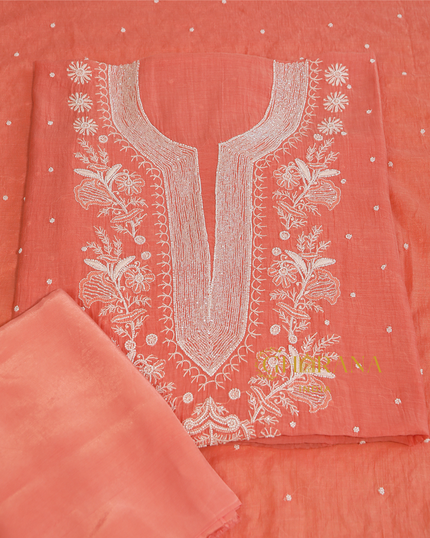 Premium Mulchanderi 3 PC Unstitched Kurta with Dupatta and Bottom Set in Pearl,Katdana Jaal work- Dark Peach Gharana