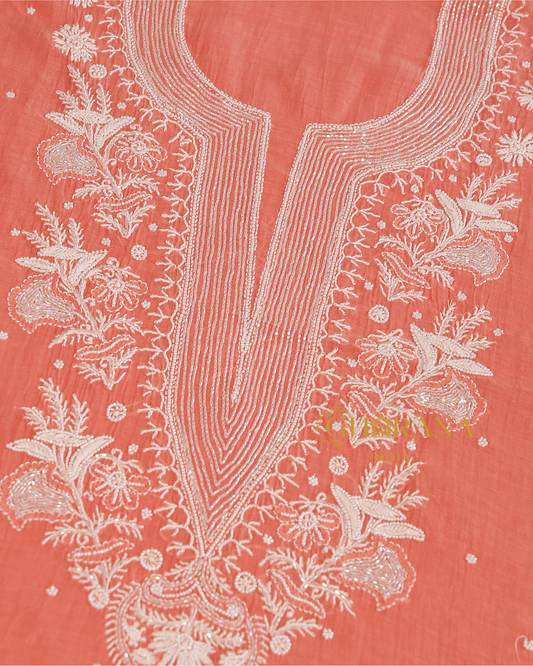 Premium Mulchanderi 3 PC Unstitched Kurta with Dupatta and Bottom Set in Pearl,Katdana Jaal work- Dark Peach Gharana