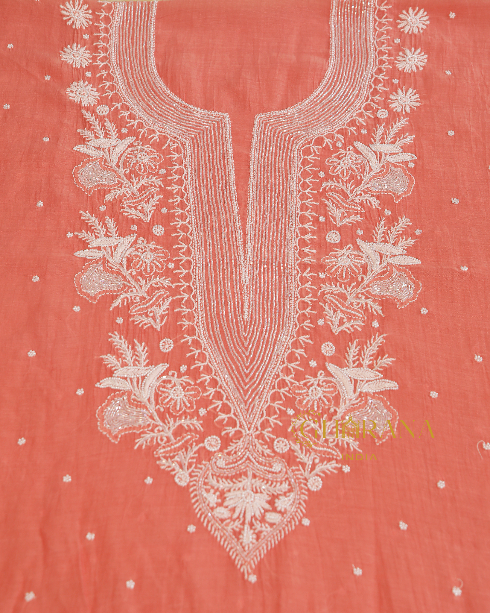 Premium Mulchanderi 3 PC Unstitched Kurta with Dupatta and Bottom Set in Pearl,Katdana Jaal work- Dark Peach Gharana