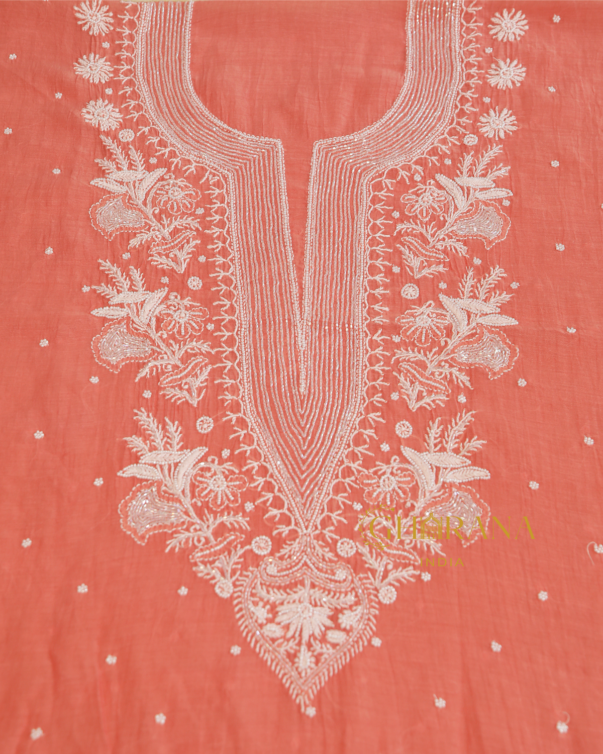 Premium Mulchanderi 3 PC Unstitched Kurta with Dupatta and Bottom Set in Pearl,Katdana Jaal work- Dark Peach Gharana