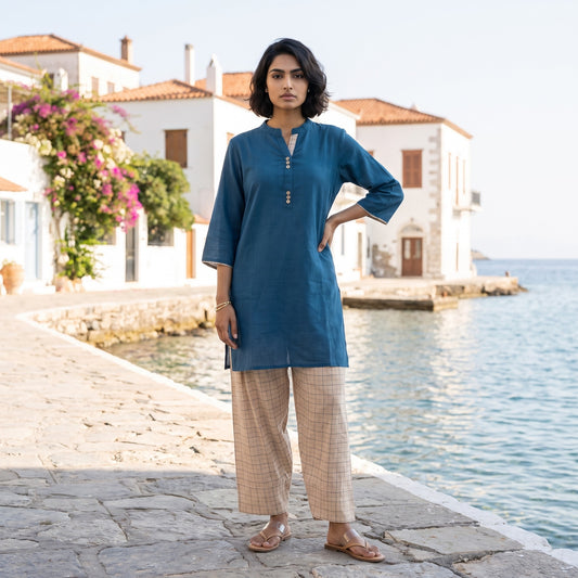 Aira Cobalt Blue Cotton Slub Kurta Set with Gold Checked Salwar