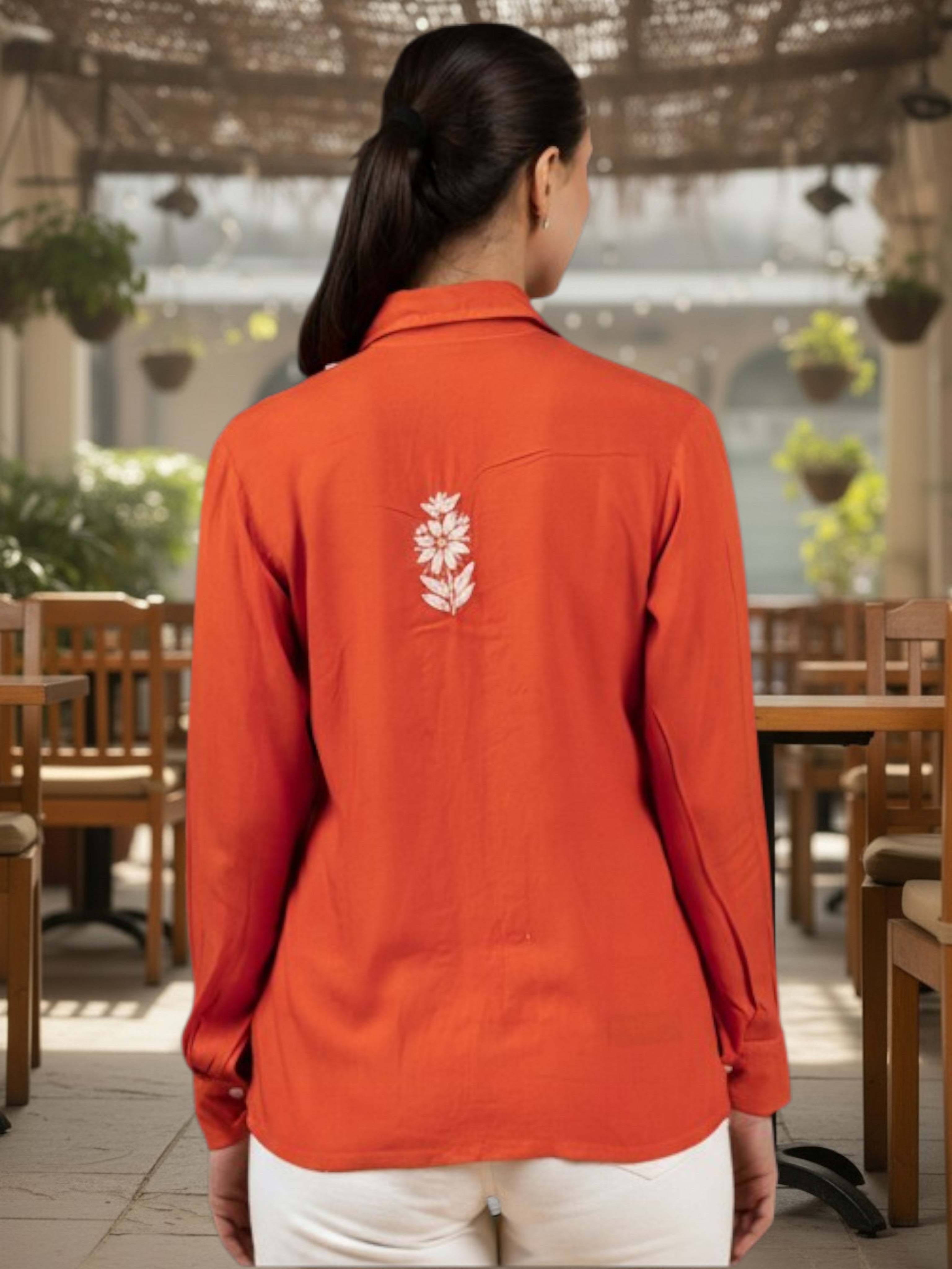 Sahiba Luxury Rayon Burnt Orange Chikankari Shirt Top Gharana