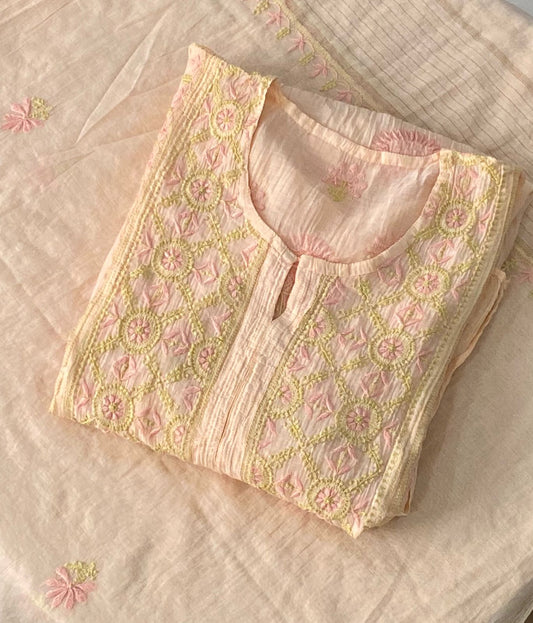 Premium Mulchanderi Chikankari Semi Stitched 2 piece Tunic and Dupatta set – Light Peach Gharana