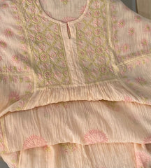 Premium Mulchanderi Chikankari Semi Stitched 2 piece Tunic and Dupatta set – Light Peach Gharana