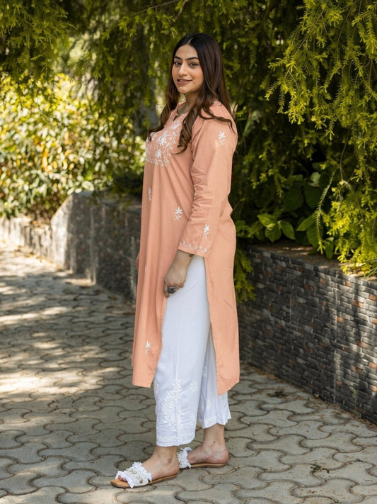 Sahiba Peach Pink Pure Cotton Chikankari Kurta with very intricate hand embroidery. Gharana