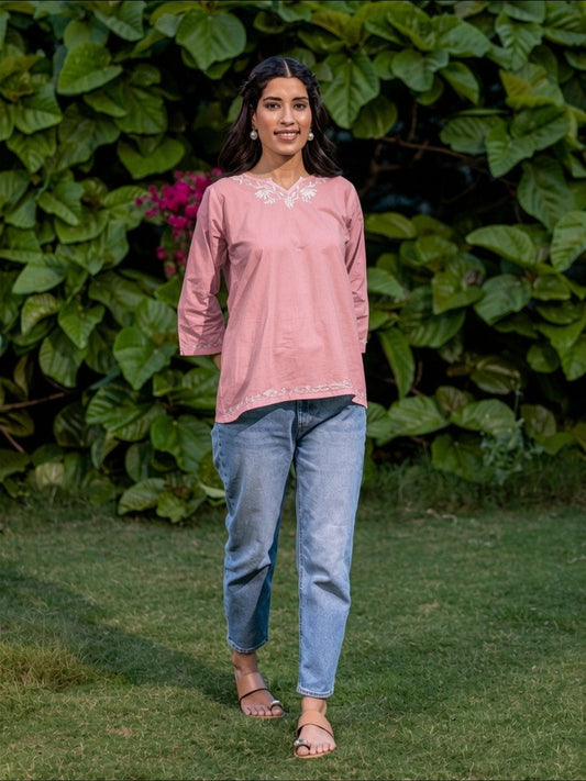 Sahiba Pure Cotton Pink Chikankari Short Top Gharana