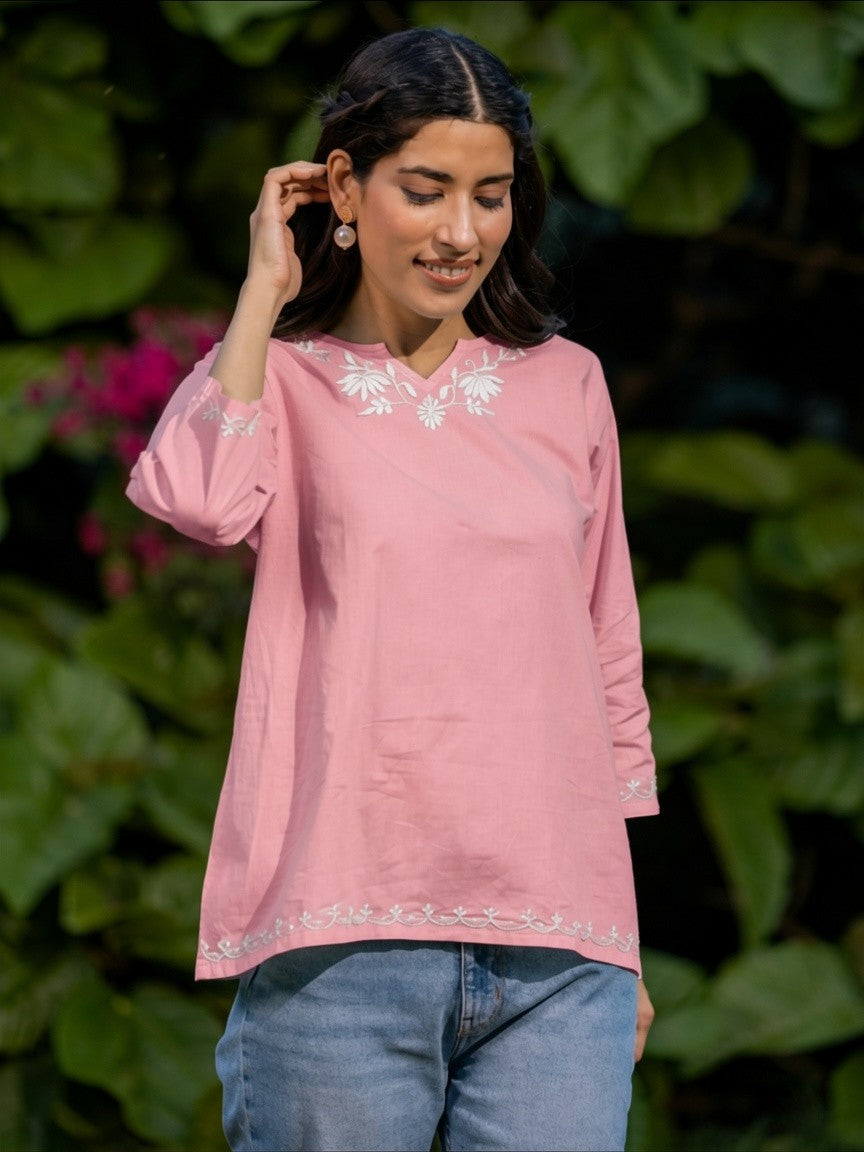 Sahiba Pure Cotton Pink Chikankari Short Top Gharana