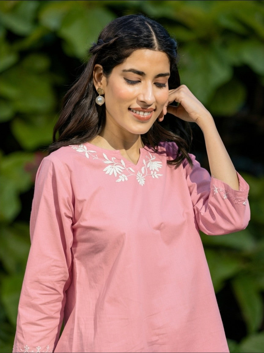 Sahiba Pure Cotton Pink Chikankari Short Top Gharana