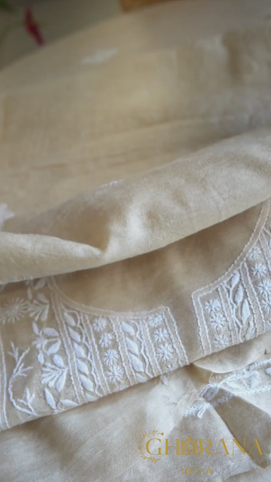 Pure Moonga Silk 2 PC Unstitched Kurta & Dupatta in intricate Chikankari-Natural Beige