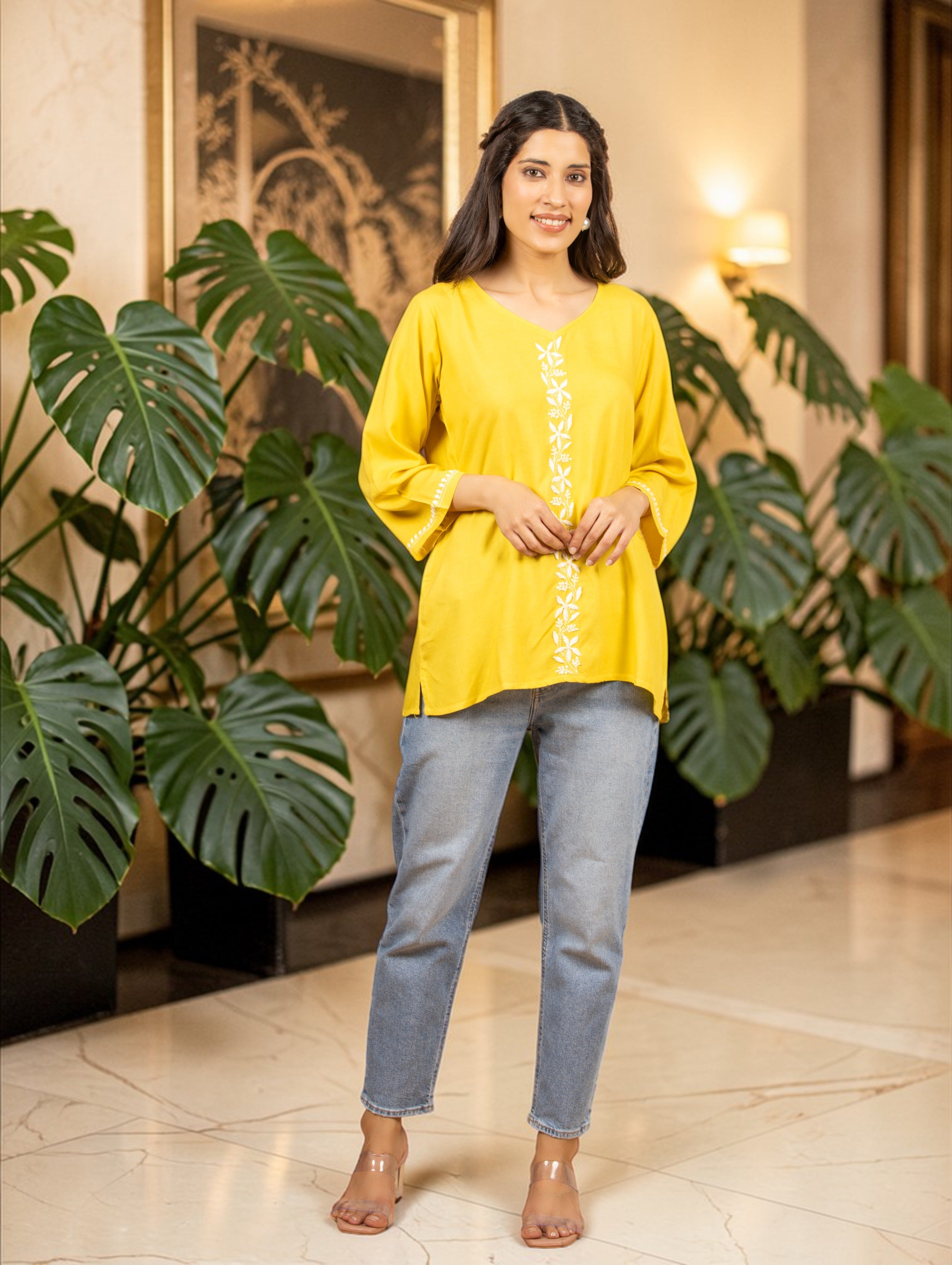Sahiba Luxury Rayon Yellow Chikankari Top Gharana