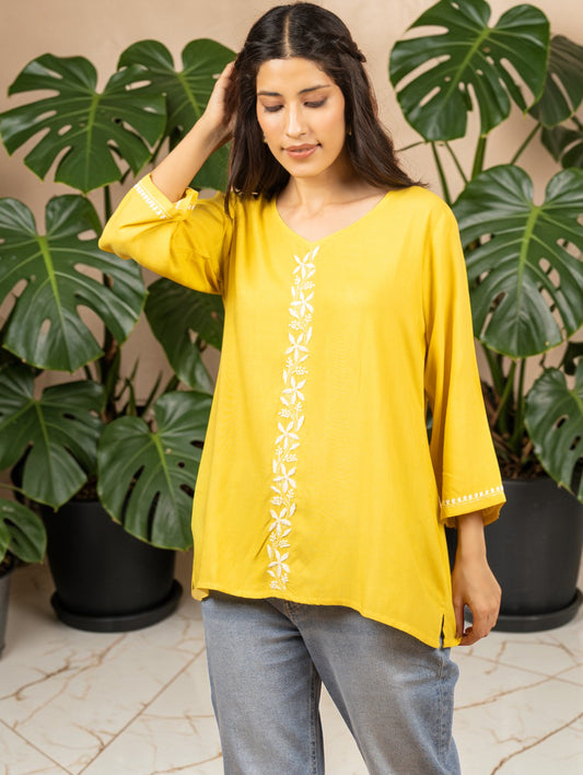 Sahiba Luxury Rayon Yellow Chikankari Top Gharana