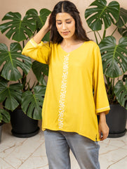 Sahiba Luxury Rayon Yellow Chikankari Top Gharana