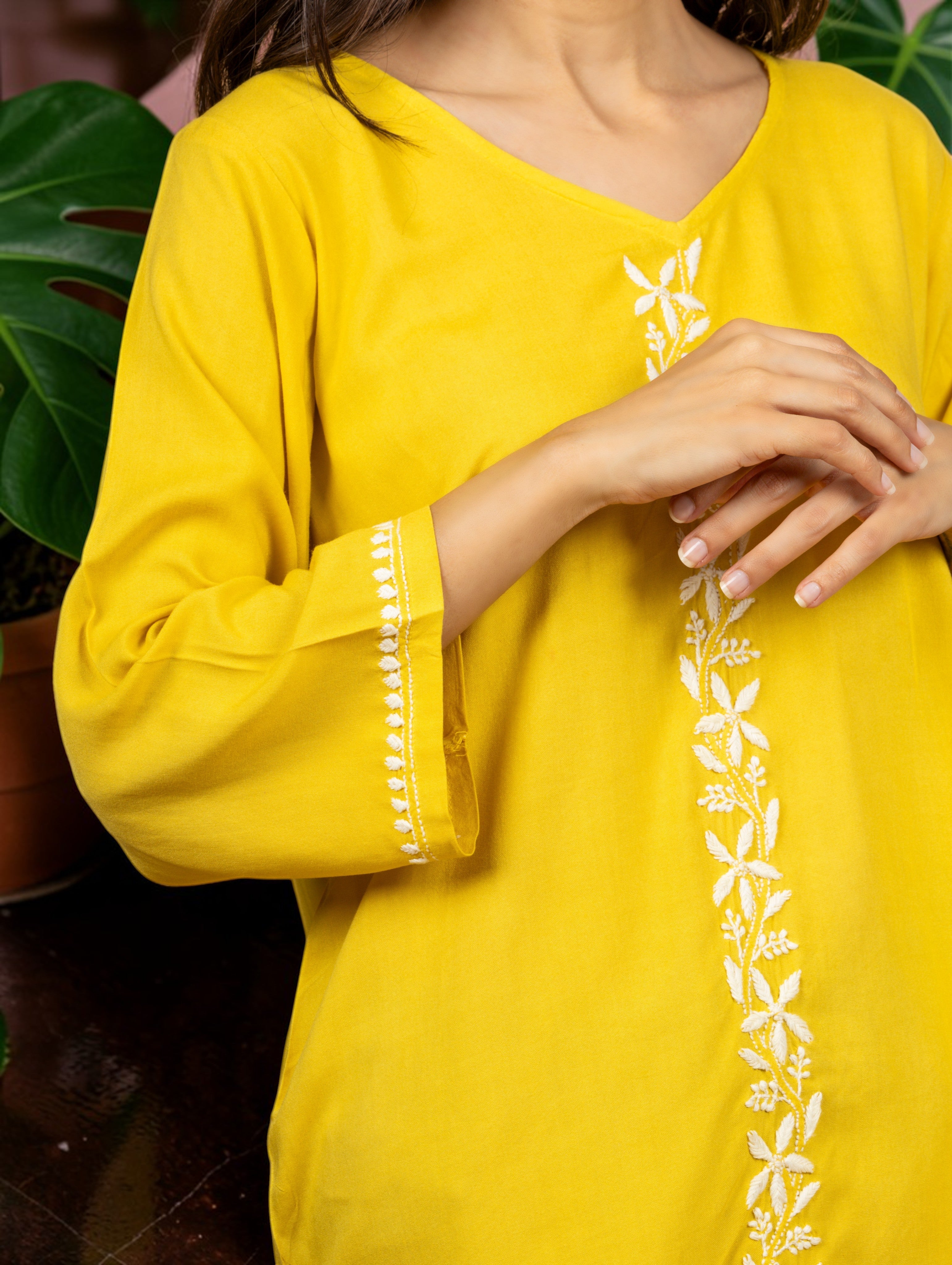 Sahiba Luxury Rayon Yellow Chikankari Top Gharana