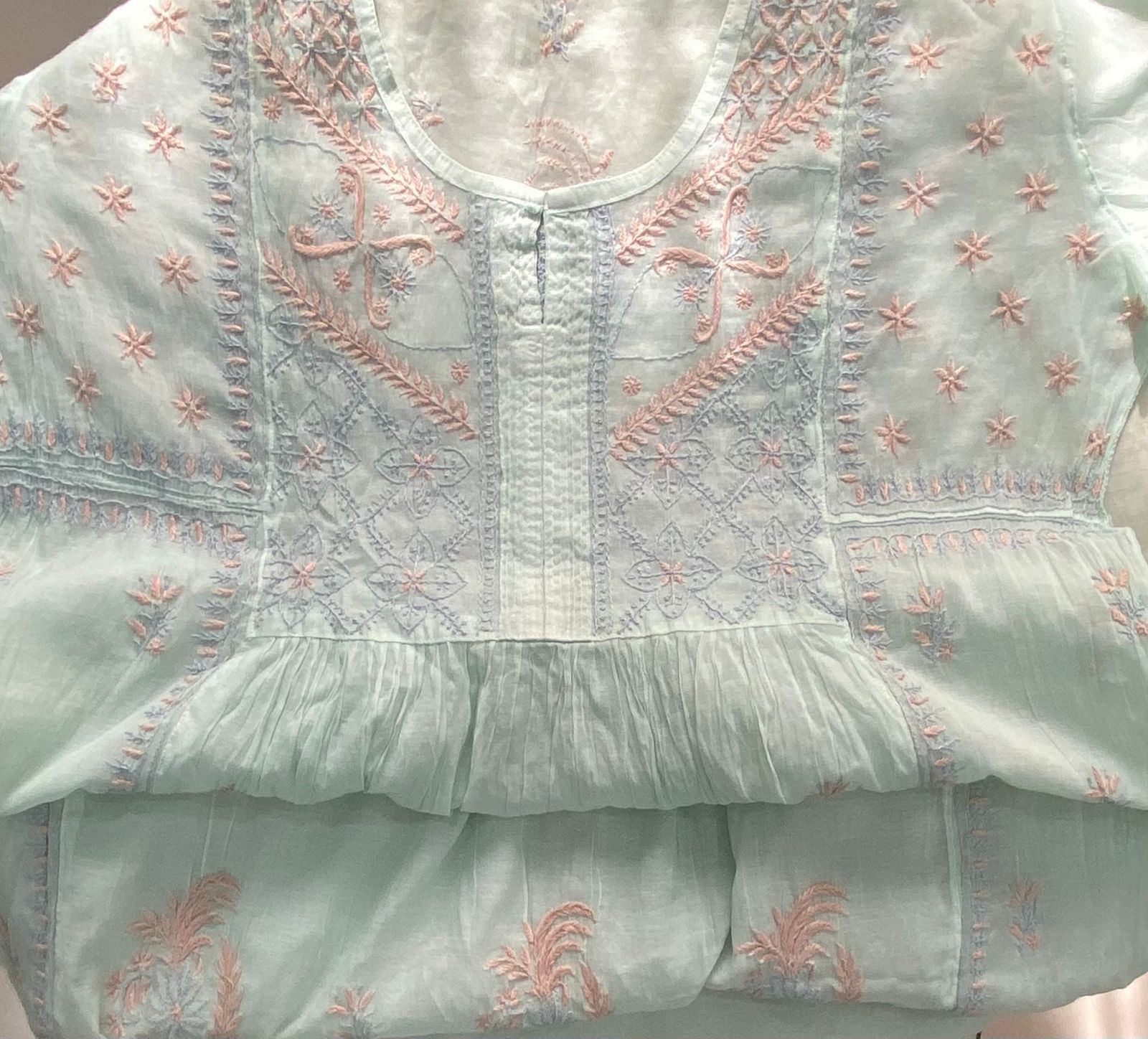 Premium Mul chanderi Chikankari Semi Stitched 2 piece Tunic and Dupatta set – Light Sage Gharana