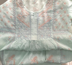 Premium Mul chanderi Chikankari Semi Stitched 2 piece Tunic and Dupatta set – Light Sage Gharana