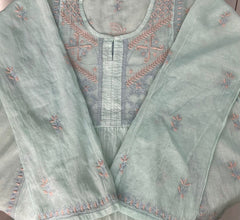 Premium Mul chanderi Chikankari Semi Stitched 2 piece Tunic and Dupatta set – Light Sage Gharana