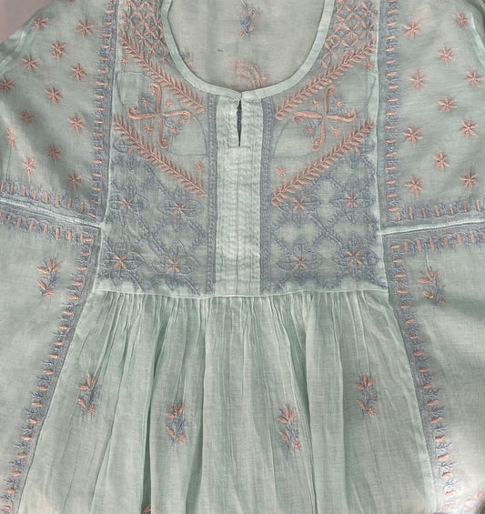 Premium Mul chanderi Chikankari Semi Stitched 2 piece Tunic and Dupatta set – Light Sage Gharana