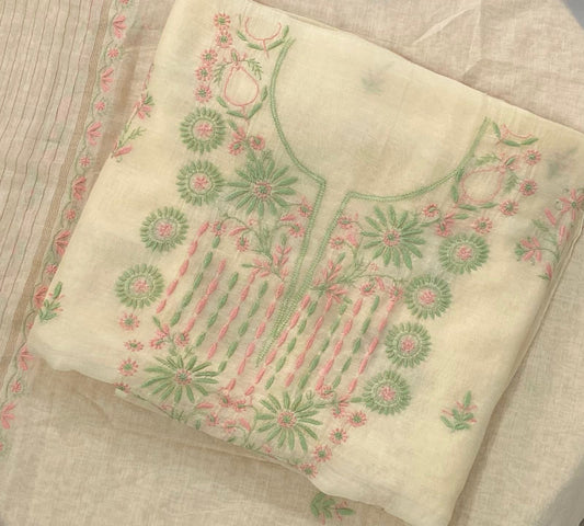 Premium Mul Chanderi 2 piece Chikankari Unstitched 2 piece Kurta and Dupatta set – Light Yellow