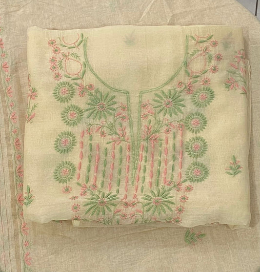 Premium Mul Chanderi 2 piece Chikankari Unstitched 2 piece Kurta and Dupatta set – Light Yellow