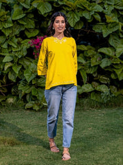 Sahiba Pure Cotton Yellow Chikankari Short Top Gharana