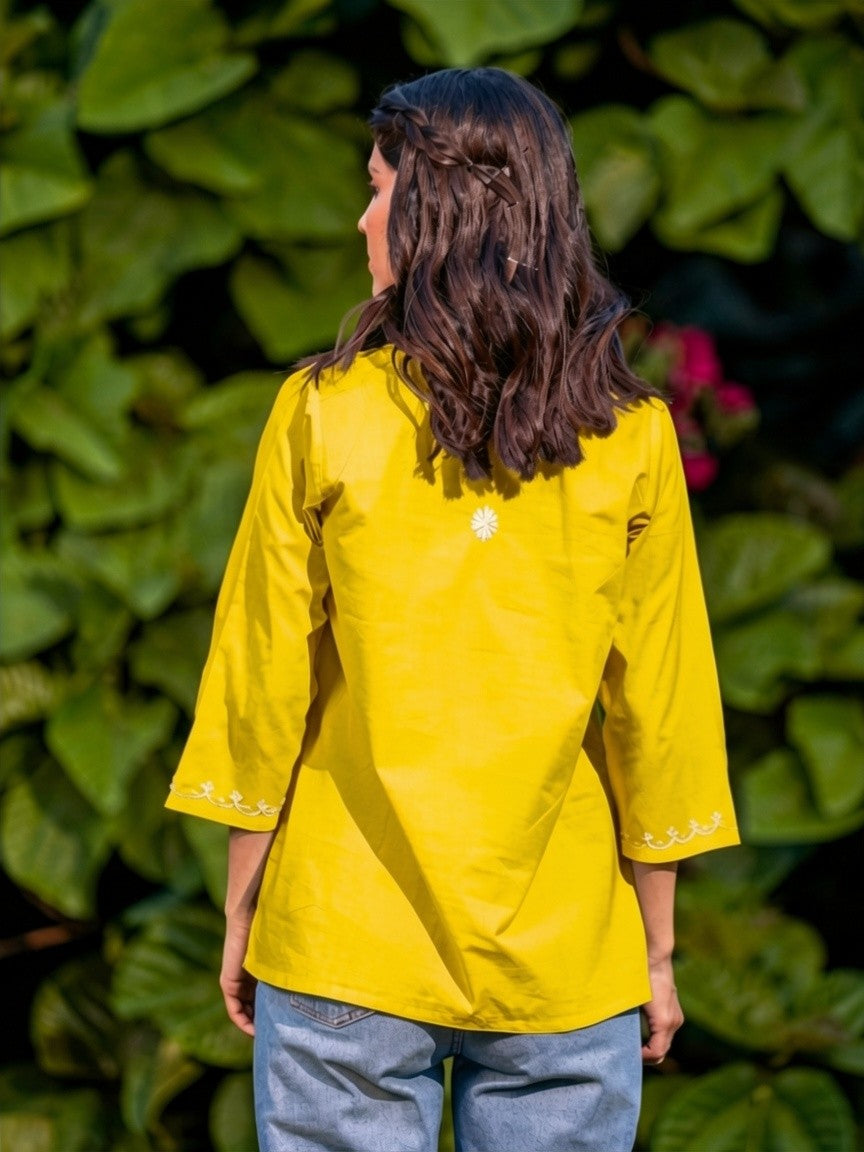 Sahiba Pure Cotton Yellow Chikankari Short Top Gharana