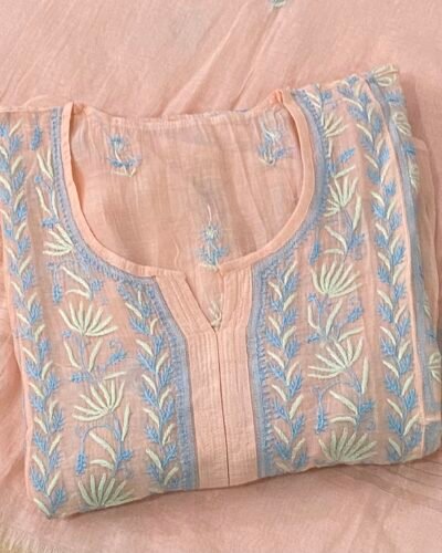 Premium Mulchanderi Chikankari Semi Stitched 2 piece Tunic and Dupatta set - Peach