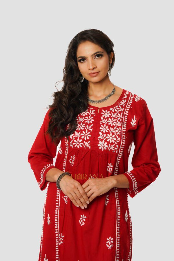 Lavyana Chikankari Soft Cotton Naira cut Kurta – Red