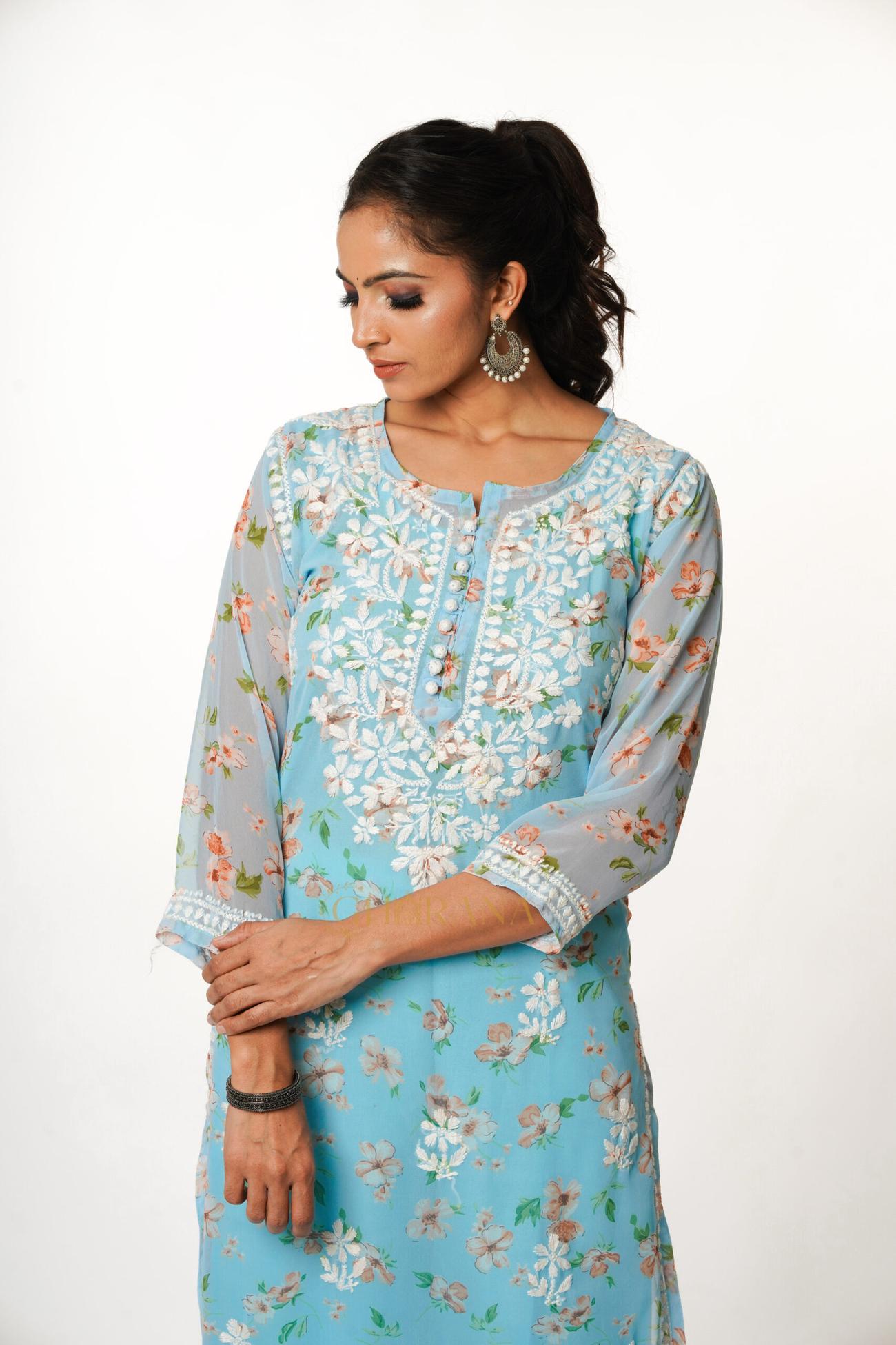 Light Blue Floral Print Chikankari Kurta for Women
