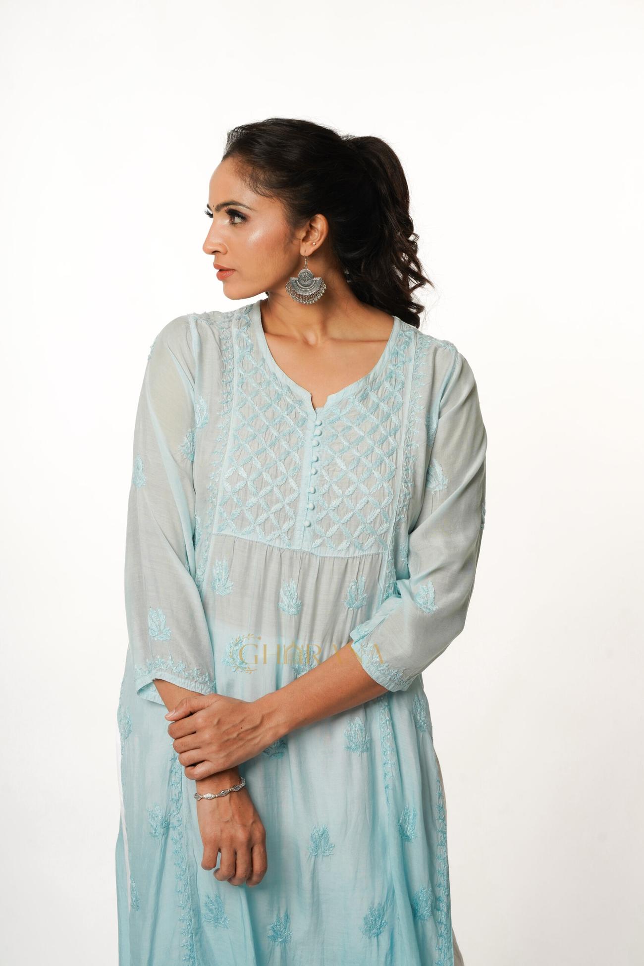 Light Blue Naira cut Chikankari Kurta